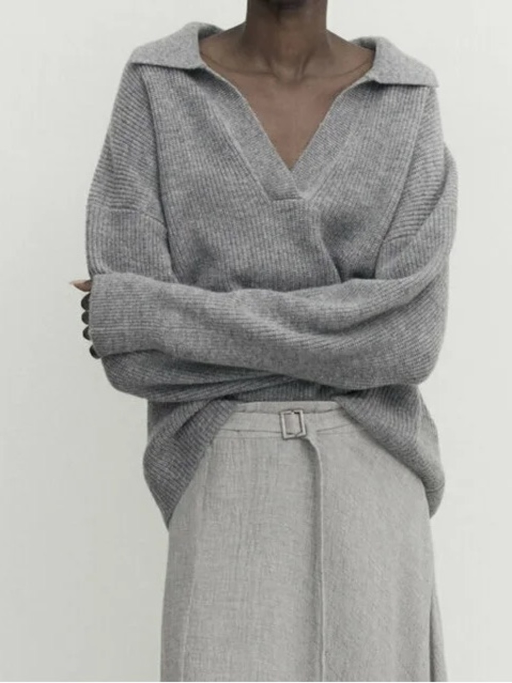 Massimo Dutti Wool Fisherman Polo Collar Oversized V-Neck Sweater Gray NWT $120
